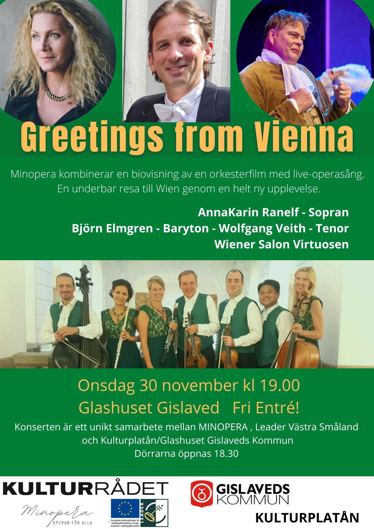 Tre operasångare med rubriken Greetings from Vienna