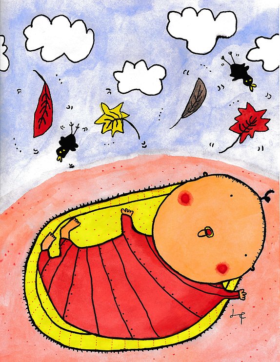 Illustration av baby i röd tröja