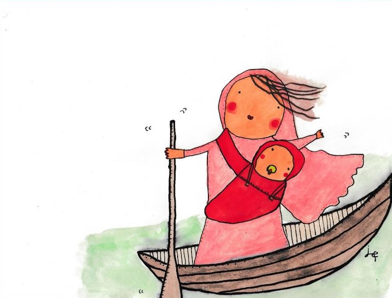 Teckning mor och barn i båt