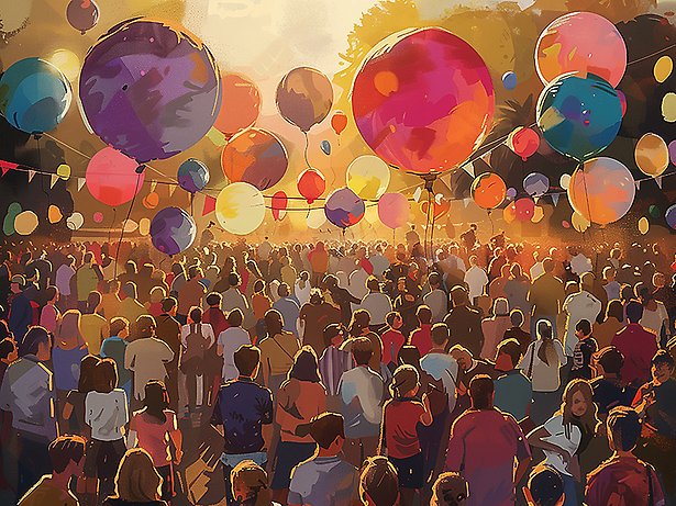 Stor publik med färgglada ballonger